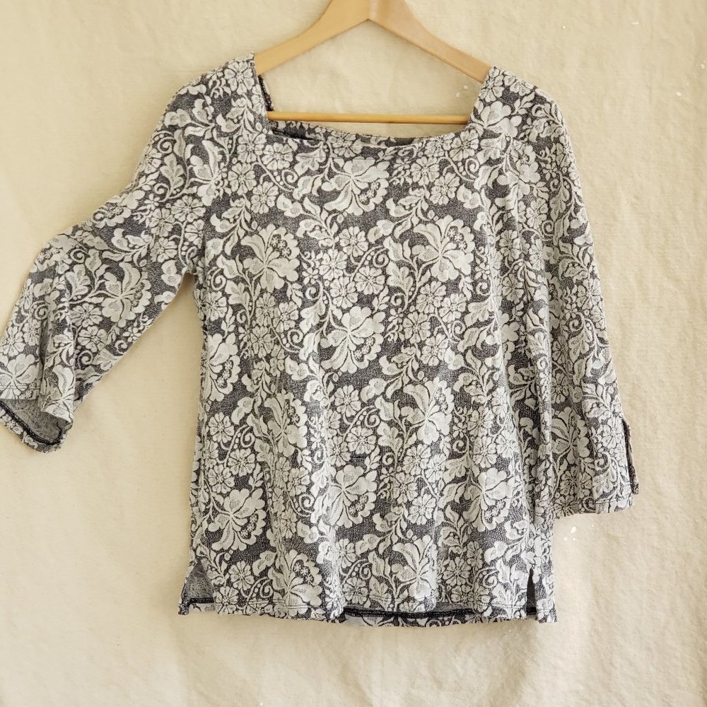 LOFT Blue and White Brocade Floral Square Neck Blouse